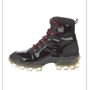 Moncler Black Patent Leather Lace-Up Ankle Boots with Red Laces like new